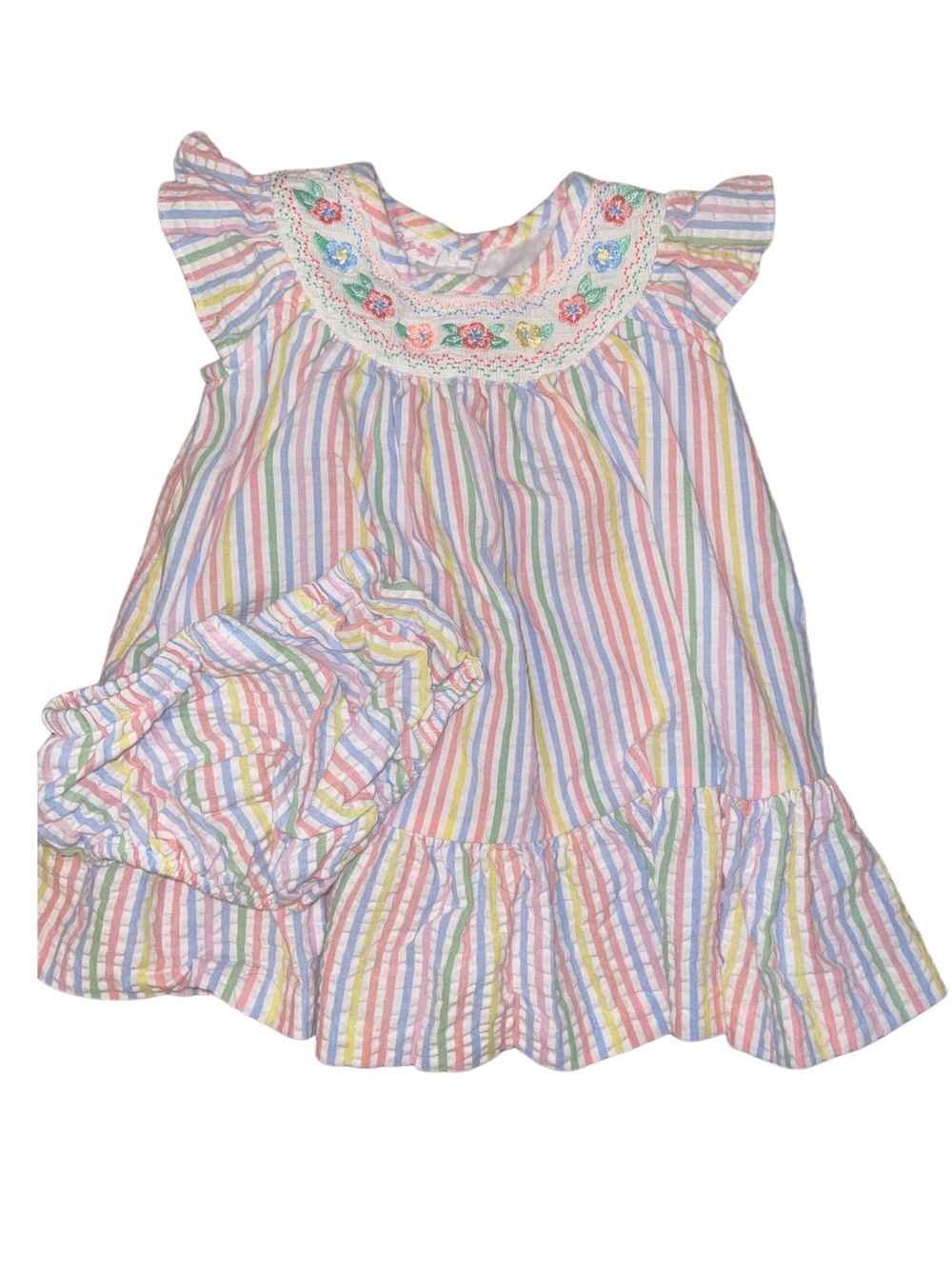 Girls Pastel Rainbow Stripe Dress with Embroidered Collar